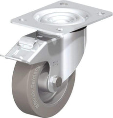 Blickle - 5" Diam x 1-37/64" Wide x 6-7/64" OAH Top Plate Mount Swivel Caster with Brake - Solid Rubber, 550 Lb Capacity, Ball Bearing, 5-1/2 x 4-3/8" Plate - Americas Industrial Supply