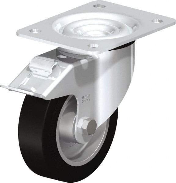 Blickle - 5" Diam x 1-37/64" Wide x 6-7/64" OAH Top Plate Mount Swivel Caster with Brake - Solid Rubber, 550 Lb Capacity, Ball Bearing, 5-1/2 x 4-3/8" Plate - Americas Industrial Supply