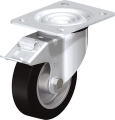 Blickle - 5" Diam x 1-37/64" Wide x 6-7/64" OAH Top Plate Mount Swivel Caster with Brake - Solid Rubber, 550 Lb Capacity, Ball Bearing, 5-1/2 x 4-3/8" Plate - Americas Industrial Supply