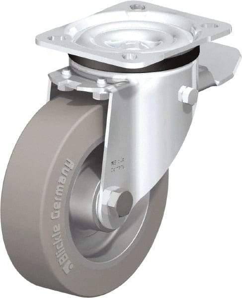 Blickle - 5" Diam x 1-37/64" Wide x 6-7/64" OAH Top Plate Mount Swivel Caster with Brake - Solid Rubber, 550 Lb Capacity, Ball Bearing, 3-15/16 x 3-3/8" Plate - Americas Industrial Supply
