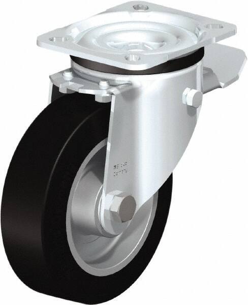 Blickle - 5" Diam x 1-37/64" Wide x 6-7/64" OAH Top Plate Mount Swivel Caster with Brake - Solid Rubber, 550 Lb Capacity, Ball Bearing, 3-15/16 x 3-3/8" Plate - Americas Industrial Supply