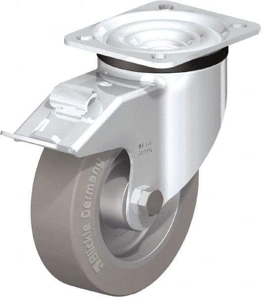 Blickle - 5" Diam x 1-37/64" Wide x 6-7/64" OAH Top Plate Mount Swivel Caster with Brake - Solid Rubber, 550 Lb Capacity, Ball Bearing, 3-15/16 x 3-3/8" Plate - Americas Industrial Supply