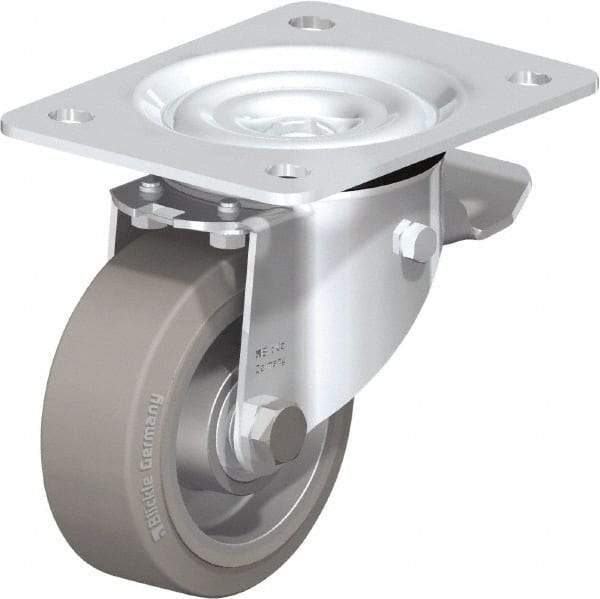Blickle - 4" Diam x 1-37/64" Wide x 5-7/64" OAH Top Plate Mount Swivel Caster with Brake - Solid Rubber, 440 Lb Capacity, Ball Bearing, 5-1/2 x 4-3/8" Plate - Americas Industrial Supply