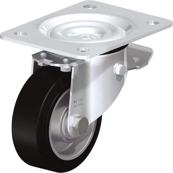Blickle - 4" Diam x 1-37/64" Wide x 5-7/64" OAH Top Plate Mount Swivel Caster with Brake - Solid Rubber, 440 Lb Capacity, Ball Bearing, 5-1/2 x 4-3/8" Plate - Americas Industrial Supply