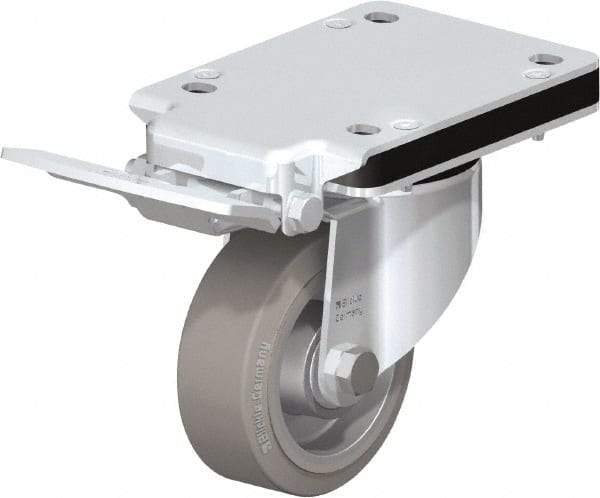 Blickle - 4" Diam x 1-37/64" Wide x 5-5/32" OAH Top Plate Mount Swivel Caster with Brake - Solid Rubber, 440 Lb Capacity, Ball Bearing, 5-1/2 x 4-3/8" Plate - Americas Industrial Supply