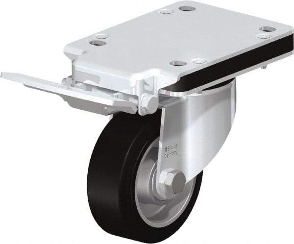 Blickle - 4" Diam x 1-37/64" Wide x 5-5/32" OAH Top Plate Mount Swivel Caster with Brake - Solid Rubber, 440 Lb Capacity, Ball Bearing, 5-1/2 x 4-3/8" Plate - Americas Industrial Supply