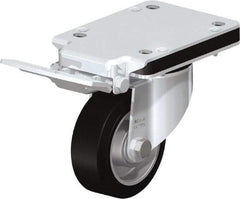 Blickle - 4" Diam x 1-37/64" Wide x 5-5/32" OAH Top Plate Mount Swivel Caster with Brake - Solid Rubber, 440 Lb Capacity, Ball Bearing, 5-1/2 x 4-3/8" Plate - Americas Industrial Supply