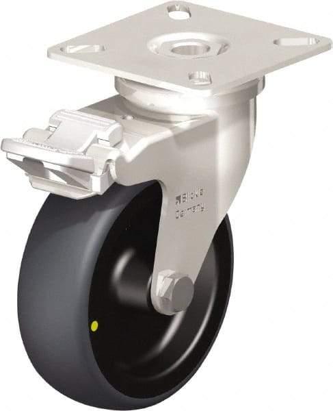 Blickle - 3" Diam x 63/64" Wide x 3-15/16" OAH Top Plate Mount Swivel Caster with Brake - Thermoplastic Rubber Elastomer (TPE), 110 Lb Capacity, Plain Bore Bearing, 2-3/8 x 2-3/8" Plate - Americas Industrial Supply