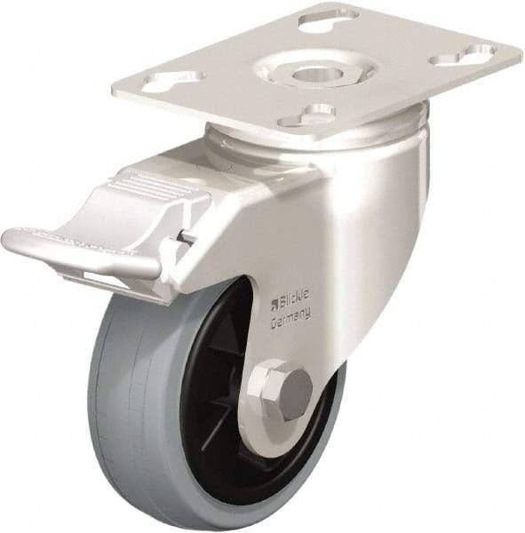 Blickle - 3" Diam x 63/64" Wide x 4-3/8" OAH Top Plate Mount Swivel Caster with Brake - Solid Rubber, 176 Lb Capacity, Plain Bore Bearing, 3-9/16 x 2-5/8" Plate - Americas Industrial Supply