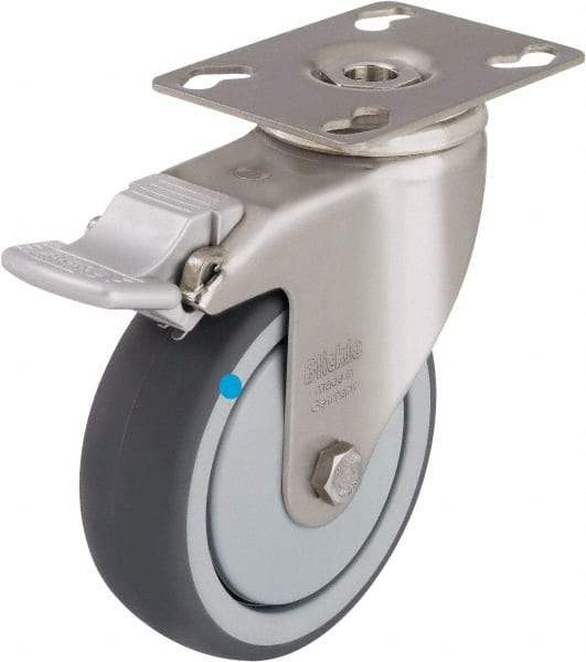 Blickle - 3" Diam x 1-1/4" Wide x 4-3/8" OAH Top Plate Mount Swivel Caster with Brake - Thermoplastic Rubber Elastomer (TPE), 220 Lb Capacity, Ball Bearing, 3-9/16 x 2-5/8" Plate - Americas Industrial Supply
