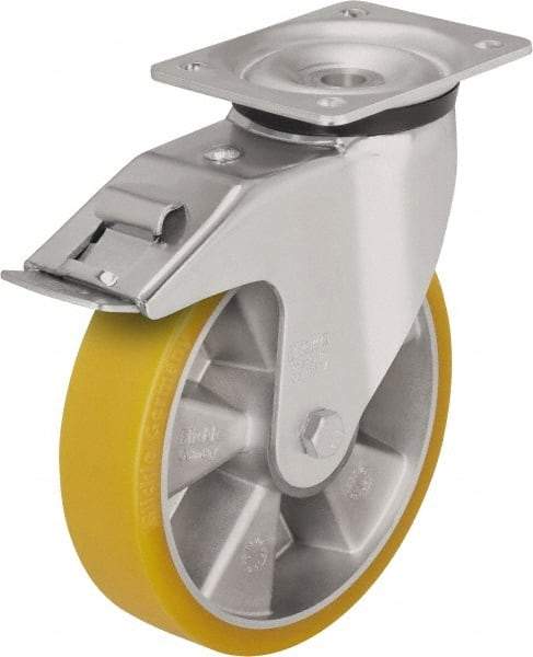 Blickle - 8" Diam x 1-31/32" Wide x 9-41/64" OAH Top Plate Mount Swivel Caster with Brake - Polyurethane-Elastomer Blickle Extrathane, 1,320 Lb Capacity, Ball Bearing, 5-1/2 x 4-3/8" Plate - Americas Industrial Supply