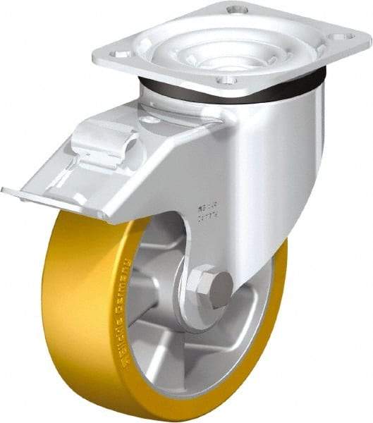 Blickle - 5" Diam x 1-9/16" Wide x 6-7/64" OAH Top Plate Mount Swivel Caster with Brake - Polyurethane-Elastomer Blickle Extrathane, 770 Lb Capacity, Ball Bearing, 3-15/16 x 3-3/8" Plate - Americas Industrial Supply