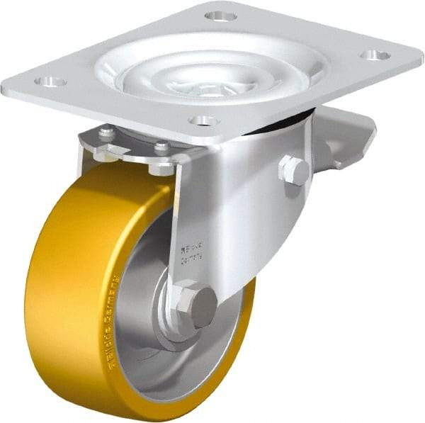 Blickle - 4" Diam x 1-9/16" Wide x 5-7/64" OAH Top Plate Mount Swivel Caster with Brake - Polyurethane-Elastomer Blickle Extrathane, 550 Lb Capacity, Ball Bearing, 5-1/2 x 4-3/8" Plate - Americas Industrial Supply