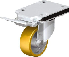 Blickle - 4" Diam x 1-9/16" Wide x 5-25/32" OAH Top Plate Mount Swivel Caster with Brake - Polyurethane-Elastomer Blickle Extrathane, 550 Lb Capacity, Ball Bearing, 5-1/2 x 4-3/8" Plate - Americas Industrial Supply