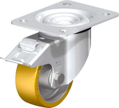 Blickle - 4" Diam x 1-9/16" Wide x 5-7/64" OAH Top Plate Mount Swivel Caster with Brake - Polyurethane-Elastomer Blickle Extrathane, 550 Lb Capacity, Ball Bearing, 5-1/2 x 4-3/8" Plate - Americas Industrial Supply
