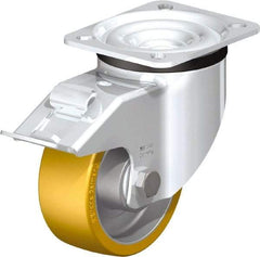 Blickle - 4" Diam x 1-9/16" Wide x 5-7/64" OAH Top Plate Mount Swivel Caster with Brake - Polyurethane-Elastomer Blickle Extrathane, 550 Lb Capacity, Ball Bearing, 3-15/16 x 3-3/8" Plate - Americas Industrial Supply