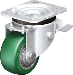 Blickle - 3" Diam x 1-9/16" Wide x 4-21/64" OAH Top Plate Mount Swivel Caster with Brake - Polyurethane-Elastomer Blickle Softhane, 506 Lb Capacity, Ball Bearing, 3-15/16 x 3-3/8" Plate - Americas Industrial Supply