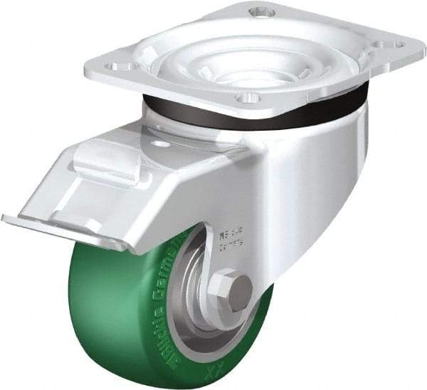 Blickle - 3" Diam x 1-9/16" Wide x 4-21/64" OAH Top Plate Mount Swivel Caster with Brake - Polyurethane-Elastomer Blickle Softhane, 506 Lb Capacity, Ball Bearing, 3-15/16 x 3-3/8" Plate - Americas Industrial Supply