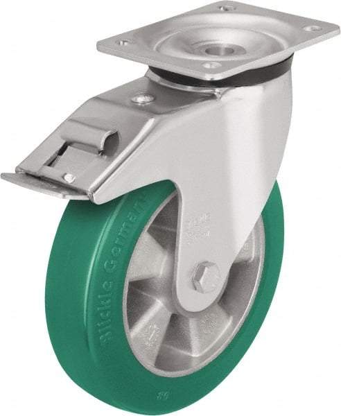 Blickle - 6" Diam x 2-1/8" Wide x 7-3/4" OAH Top Plate Mount Swivel Caster with Brake - Polyurethane-Elastomer Blickle Softhane, 1,100 Lb Capacity, Ball Bearing, 5-1/2 x 4-3/8" Plate - Americas Industrial Supply