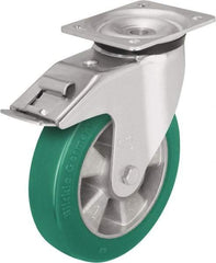 Blickle - 6" Diam x 2-1/8" Wide x 7-3/4" OAH Top Plate Mount Swivel Caster with Brake - Polyurethane-Elastomer Blickle Softhane, 1,100 Lb Capacity, Ball Bearing, 5-1/2 x 4-3/8" Plate - Americas Industrial Supply