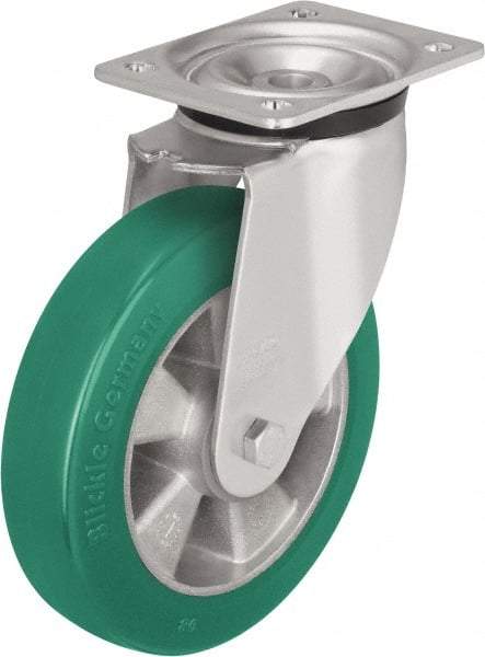 Blickle - 8" Diam x 2" Wide x 9-21/32" OAH Top Plate Mount Swivel Caster - Polyurethane-Elastomer Blickle Softhane, 1,320 Lb Capacity, Ball Bearing, 5-1/2 x 4-3/8" Plate - Americas Industrial Supply