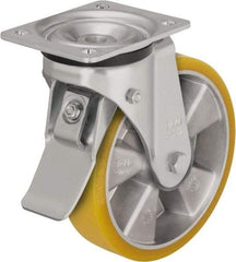 Blickle - 8" Diam x 1-31/32" Wide x 9-21/32" OAH Top Plate Mount Swivel Caster with Brake - Polyurethane-Elastomer Blickle Extrathane, 1,320 Lb Capacity, Ball Bearing, 5-1/2 x 4-3/8" Plate - Americas Industrial Supply