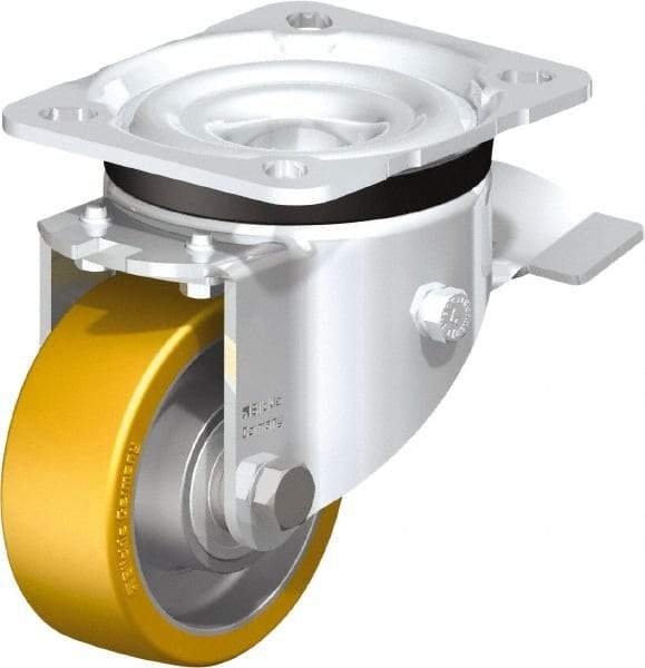 Blickle - 3" Diam x 1-11/64" Wide x 4-21/64" OAH Top Plate Mount Swivel Caster with Brake - Polyurethane-Elastomer Blickle Extrathane, 396 Lb Capacity, Ball Bearing, 3-15/16 x 3-3/8" Plate - Americas Industrial Supply