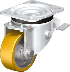 Blickle - 3" Diam x 1-11/64" Wide x 4-21/64" OAH Top Plate Mount Swivel Caster with Brake - Polyurethane-Elastomer Blickle Extrathane, 396 Lb Capacity, Ball Bearing, 3-15/16 x 3-3/8" Plate - Americas Industrial Supply