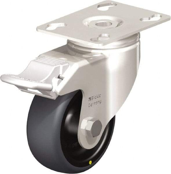 Blickle - 3" Diam x 1-1/4" Wide x 4-3/8" OAH Top Plate Mount Swivel Caster with Brake - Thermoplastic Rubber Elastomer (TPE), 143 Lb Capacity, Plain Bore Bearing, 3-9/16 x 2-5/8" Plate - Americas Industrial Supply