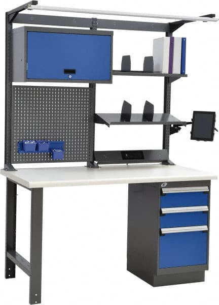 Rousseau Metal - 3 Drawer, 2 Shelf Workstation - 775 Lb Capacity, Plastic Top, Avalanche Blue, 60" Wide x 80" High x 30" Long - Americas Industrial Supply