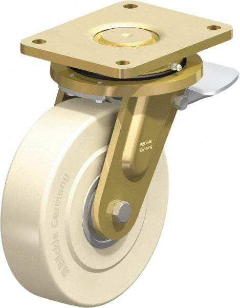 Blickle - 8" Diam x 2-5/32" Wide x 10-1/32" OAH Top Plate Mount Swivel Caster with Brake - Impact-Resistant Cast Nylon, 6,600 Lb Capacity, Ball Bearing, 6-7/8 x 5-1/2" Plate - Americas Industrial Supply