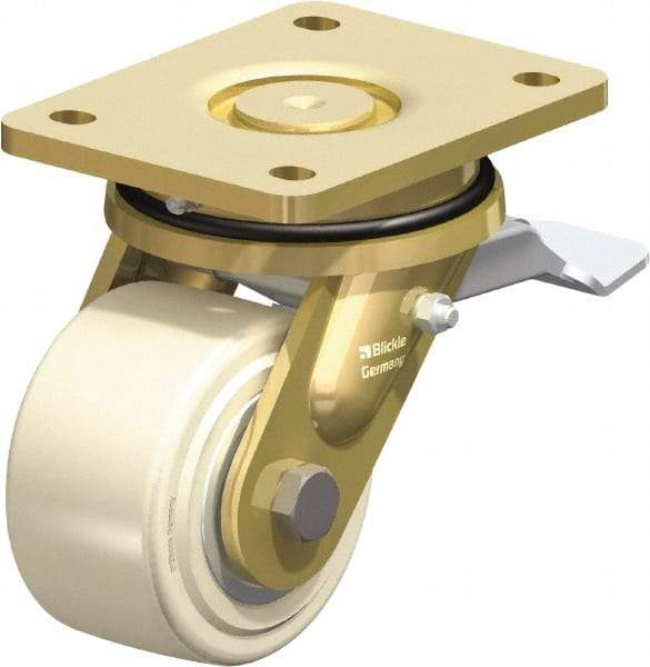 Blickle - 4" Diam x 2-5/32" Wide x 5-5/64" OAH Top Plate Mount Swivel Caster with Brake - Impact-Resistant Cast Nylon, 3,300 Lb Capacity, Ball Bearing, 5-1/2 x 4-3/8" Plate - Americas Industrial Supply