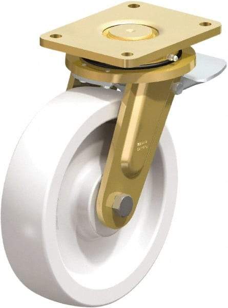 Blickle - 10" Diam x 2-9/16" Wide x 12" OAH Top Plate Mount Swivel Caster with Brake - Impact-Resistant Nylon, 4,400 Lb Capacity, Plain Bore Bearing, 6-7/8 x 5-1/2" Plate - Americas Industrial Supply