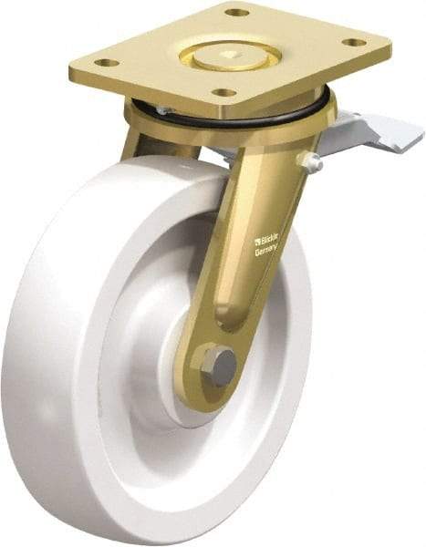 Blickle - 8" Diam x 1-31/32" Wide x 9-41/64" OAH Top Plate Mount Swivel Caster with Brake - Impact-Resistant Nylon, 3,300 Lb Capacity, Plain Bore Bearing, 5-1/2 x 4-3/8" Plate - Americas Industrial Supply