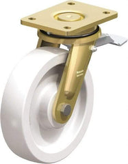 Blickle - 8" Diam x 1-31/32" Wide x 9-41/64" OAH Top Plate Mount Swivel Caster with Brake - Impact-Resistant Nylon, 3,300 Lb Capacity, Plain Bore Bearing, 5-1/2 x 4-3/8" Plate - Americas Industrial Supply