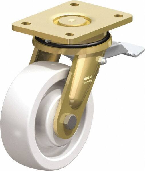 Blickle - 6" Diam x 1-31/32" Wide x 7-7/8" OAH Top Plate Mount Swivel Caster with Brake - Impact-Resistant Nylon, 1,760 Lb Capacity, Ball Bearing, 5-1/2 x 4-3/8" Plate - Americas Industrial Supply