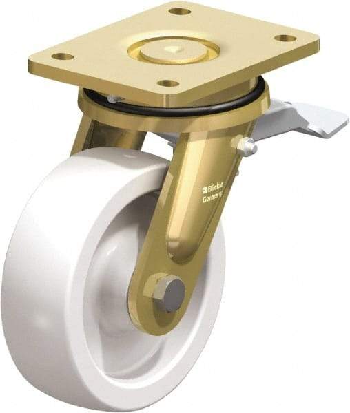 Blickle - 6" Diam x 1-31/32" Wide x 7-7/8" OAH Top Plate Mount Swivel Caster with Brake - Impact-Resistant Nylon, 1,760 Lb Capacity, Plain Bore Bearing, 5-1/2 x 4-3/8" Plate - Americas Industrial Supply