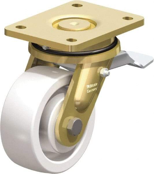 Blickle - 5" Diam x 1-31/32" Wide x 6-11/16" OAH Top Plate Mount Swivel Caster with Brake - Impact-Resistant Nylon, 1,650 Lb Capacity, Ball Bearing, 5-1/2 x 4-3/8" Plate - Americas Industrial Supply