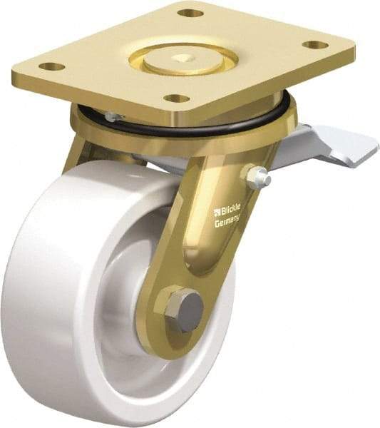 Blickle - 5" Diam x 1-31/32" Wide x 6-11/16" OAH Top Plate Mount Swivel Caster with Brake - Impact-Resistant Nylon, 1,650 Lb Capacity, Plain Bore Bearing, 5-1/2 x 4-3/8" Plate - Americas Industrial Supply
