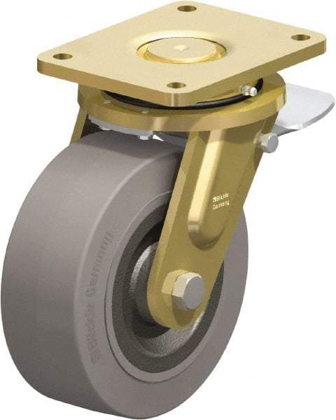 Blickle - 8" Diam x 3-9/64" Wide x 10-1/32" OAH Top Plate Mount Swivel Caster with Brake - Solid Rubber, 1,870 Lb Capacity, Ball Bearing, 6-7/8 x 5-1/2" Plate - Americas Industrial Supply