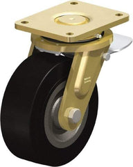 Blickle - 8" Diam x 3-9/64" Wide x 10-1/32" OAH Top Plate Mount Swivel Caster with Brake - Solid Rubber, 1,870 Lb Capacity, Ball Bearing, 6-7/8 x 5-1/2" Plate - Americas Industrial Supply