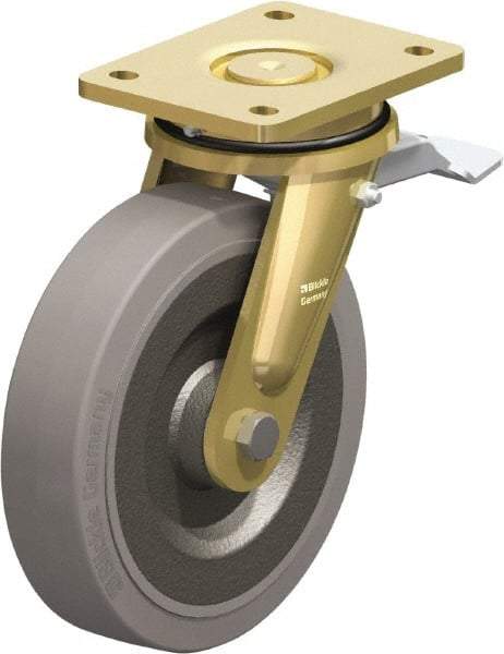 Blickle - 8" Diam x 1-31/32" Wide x 9-41/64" OAH Top Plate Mount Swivel Caster with Brake - Solid Rubber, 1,320 Lb Capacity, Ball Bearing, 5-1/2 x 4-3/8" Plate - Americas Industrial Supply