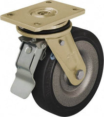 Blickle - 10" Diam x 2-23/64" Wide x 12" OAH Top Plate Mount Swivel Caster with Brake - Solid Rubber, 1,870 Lb Capacity, Ball Bearing, 6-7/8 x 5-1/2" Plate - Americas Industrial Supply