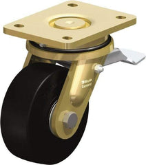 Blickle - 5" Diam x 1-31/32" Wide x 6-11/16" OAH Top Plate Mount Swivel Caster with Brake - Solid Rubber, 704 Lb Capacity, Ball Bearing, 5-1/2 x 4-3/8" Plate - Americas Industrial Supply