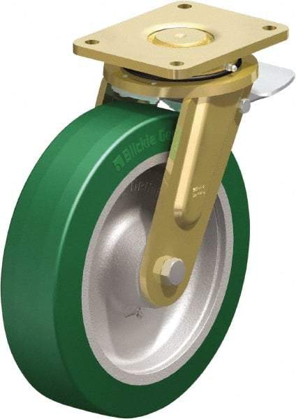 Blickle - 12" Diam x 3-9/64" Wide x 13-31/32" OAH Top Plate Mount Swivel Caster with Brake - Polyurethane-Elastomer Blickle Softhane, 3,960 Lb Capacity, Ball Bearing, 6-7/8 x 5-1/2" Plate - Americas Industrial Supply