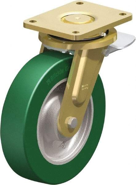 Blickle - 10" Diam x 2-23/64" Wide x 12" OAH Top Plate Mount Swivel Caster with Brake - Polyurethane-Elastomer Blickle Softhane, 2,640 Lb Capacity, Ball Bearing, 6-7/8 x 5-1/2" Plate - Americas Industrial Supply