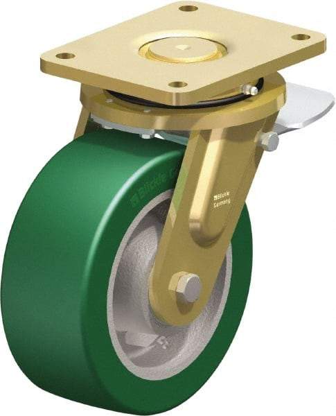 Blickle - 8" Diam x 3-9/64" Wide x 10-1/32" OAH Top Plate Mount Swivel Caster with Brake - Polyurethane-Elastomer Blickle Softhane, 2,640 Lb Capacity, Ball Bearing, 6-7/8 x 5-1/2" Plate - Americas Industrial Supply