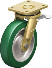 Blickle - 8" Diam x 1-31/32" Wide x 9-41/64" OAH Top Plate Mount Swivel Caster with Brake - Polyurethane-Elastomer Blickle Softhane, 1,760 Lb Capacity, Ball Bearing, 5-1/2 x 4-3/8" Plate - Americas Industrial Supply