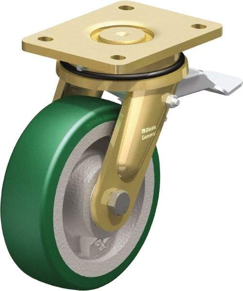 Blickle - 6-1/2" Diam x 1-31/32" Wide x 8-5/64" OAH Top Plate Mount Swivel Caster with Brake - Polyurethane-Elastomer Blickle Softhane, 1,320 Lb Capacity, Ball Bearing, 5-1/2 x 4-3/8" Plate - Americas Industrial Supply