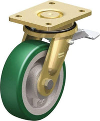 Blickle - 6-1/2" Diam x 1-31/32" Wide x 8-5/64" OAH Top Plate Mount Swivel Caster with Brake - Polyurethane-Elastomer Blickle Softhane, 1,320 Lb Capacity, Ball Bearing, 5-1/2 x 4-3/8" Plate - Americas Industrial Supply